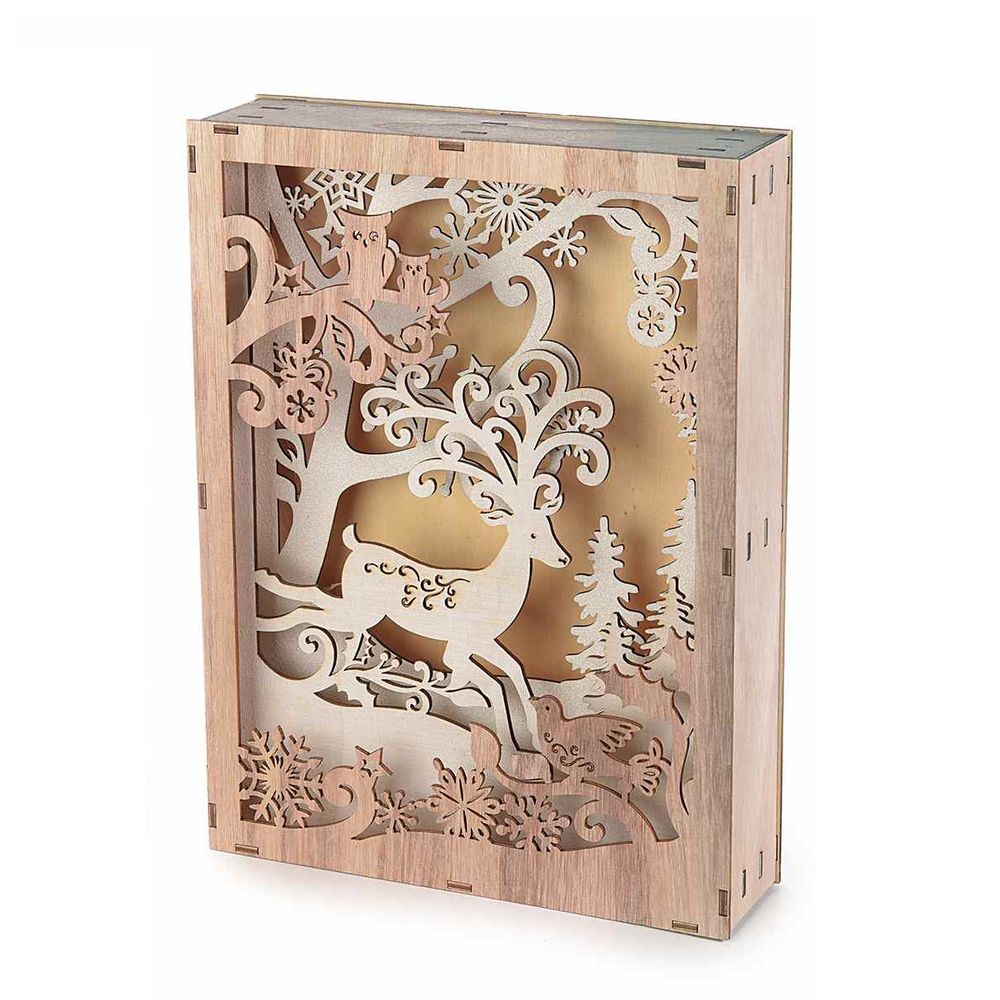 Cornice decorativa in legno intagliato con paesaggio invernale e luci Led
