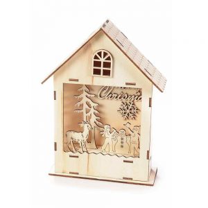 Casetta in legno con paesaggio natalizio e luce Led