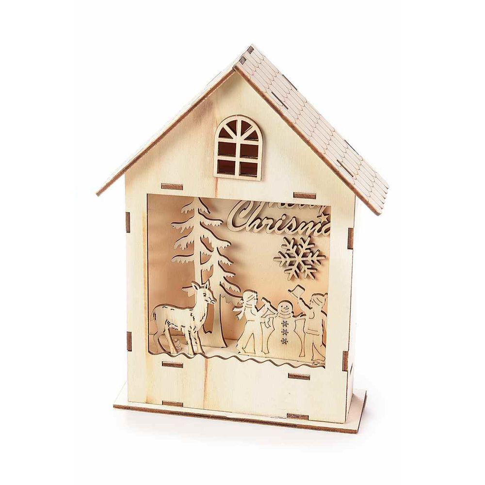Casetta in legno con paesaggio natalizio e luce Led