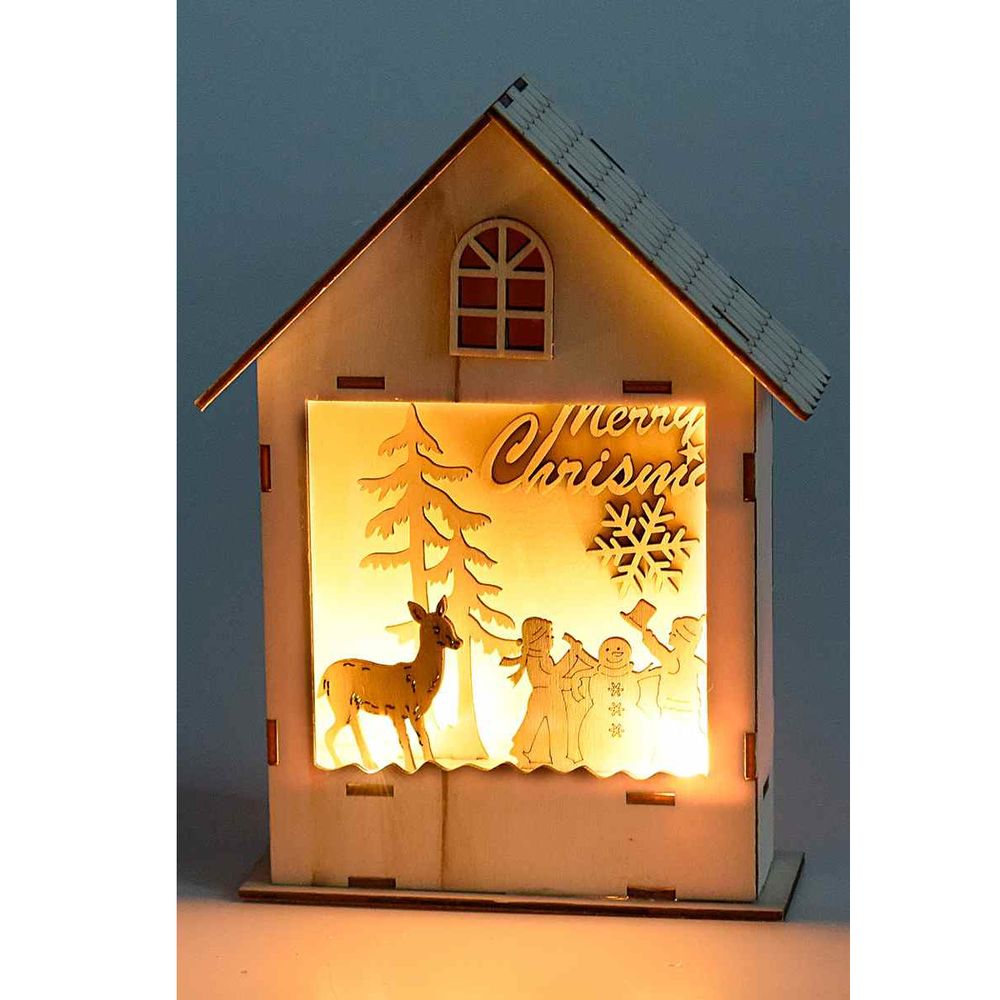 Casetta in legno con paesaggio natalizio e luce Led
