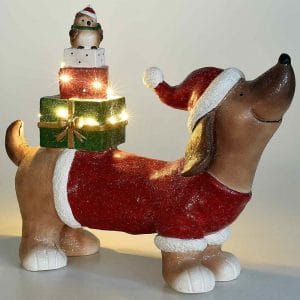 Bassotto ceramica natalizio con pacchetti e luci