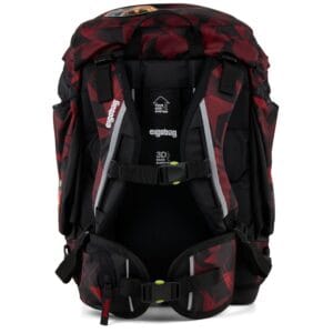 Backpack with red and black geometric pattern, padded straps, and multiple adjustment buckles for support.