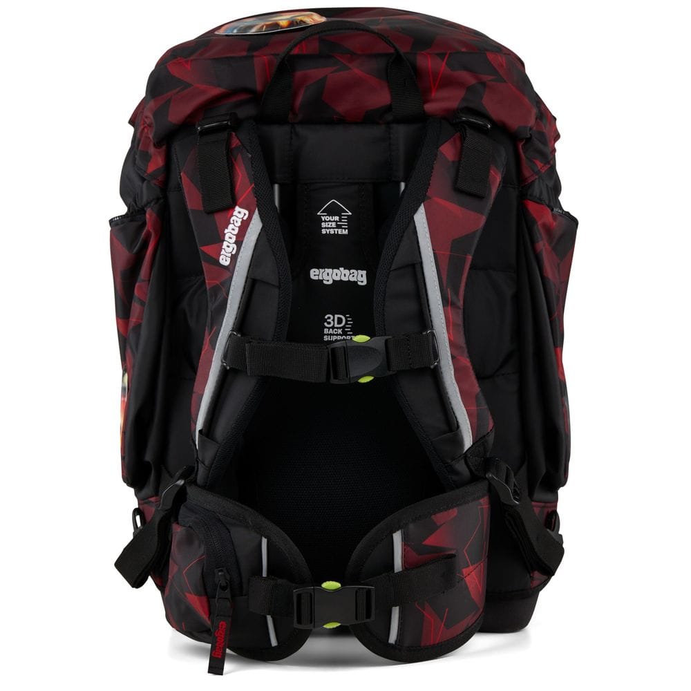 Backpack with red and black geometric pattern, padded straps, and multiple adjustment buckles for support.
