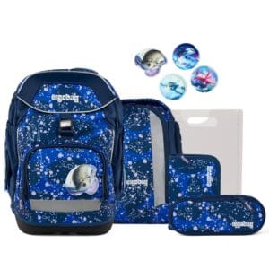 Blue school backpack and matching lunch bag, pencil case, and binder with splashy white bubble pattern; ocean-themed design.