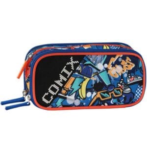 Colorful graffiti-themed pencil case with orange and blue zippers and a bold 'COOL' design on black panel.