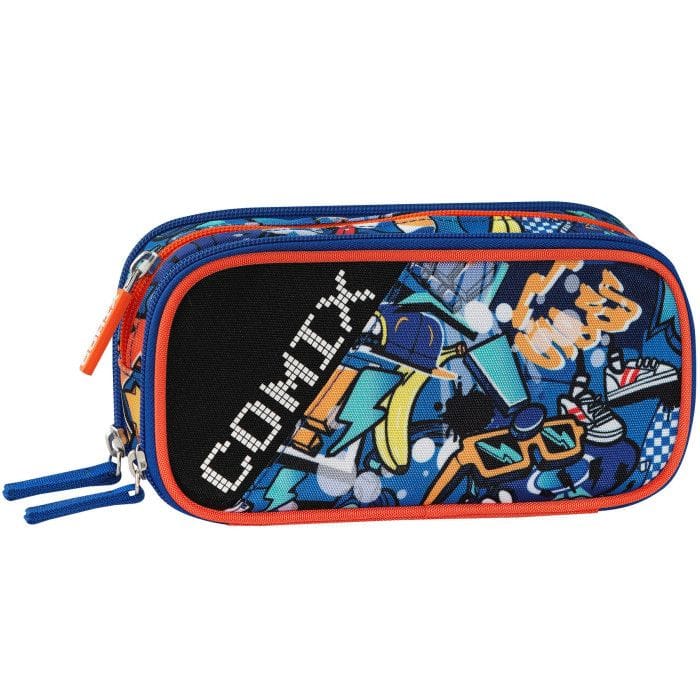 Colorful graffiti-themed pencil case with orange and blue zippers and a bold 'COOL' design on black panel.