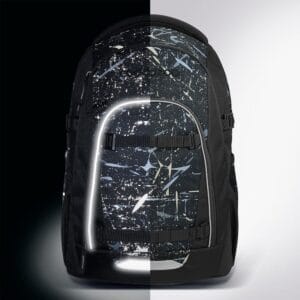 Backpack with a dark blue splatter pattern and a glowing white LED-style line along the front zipper, set against a split black-and-white background.