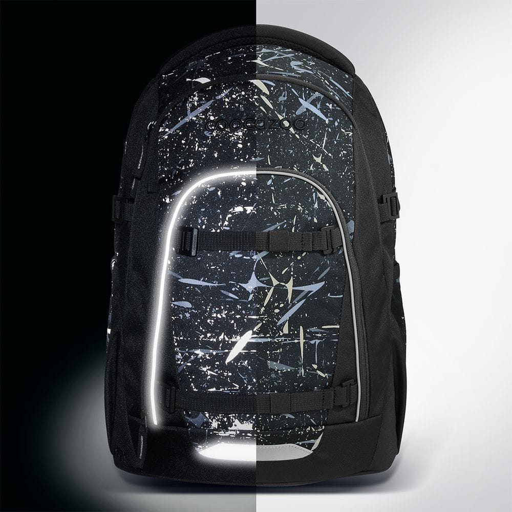 Backpack with a dark blue splatter pattern and a glowing white LED-style line along the front zipper, set against a split black-and-white background.