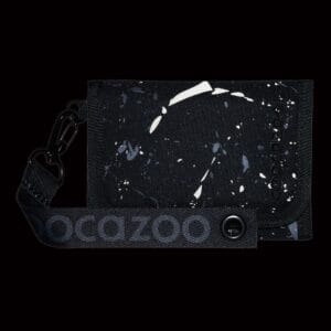 Black wallet with a detachable strap and splatter-paint pattern on a dark background.