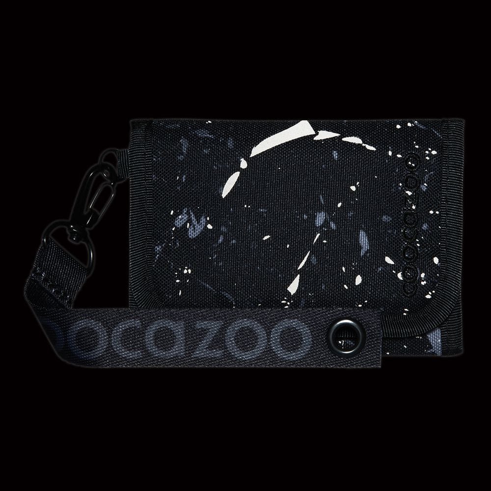 Black wallet with a detachable strap and splatter-paint pattern on a dark background.
