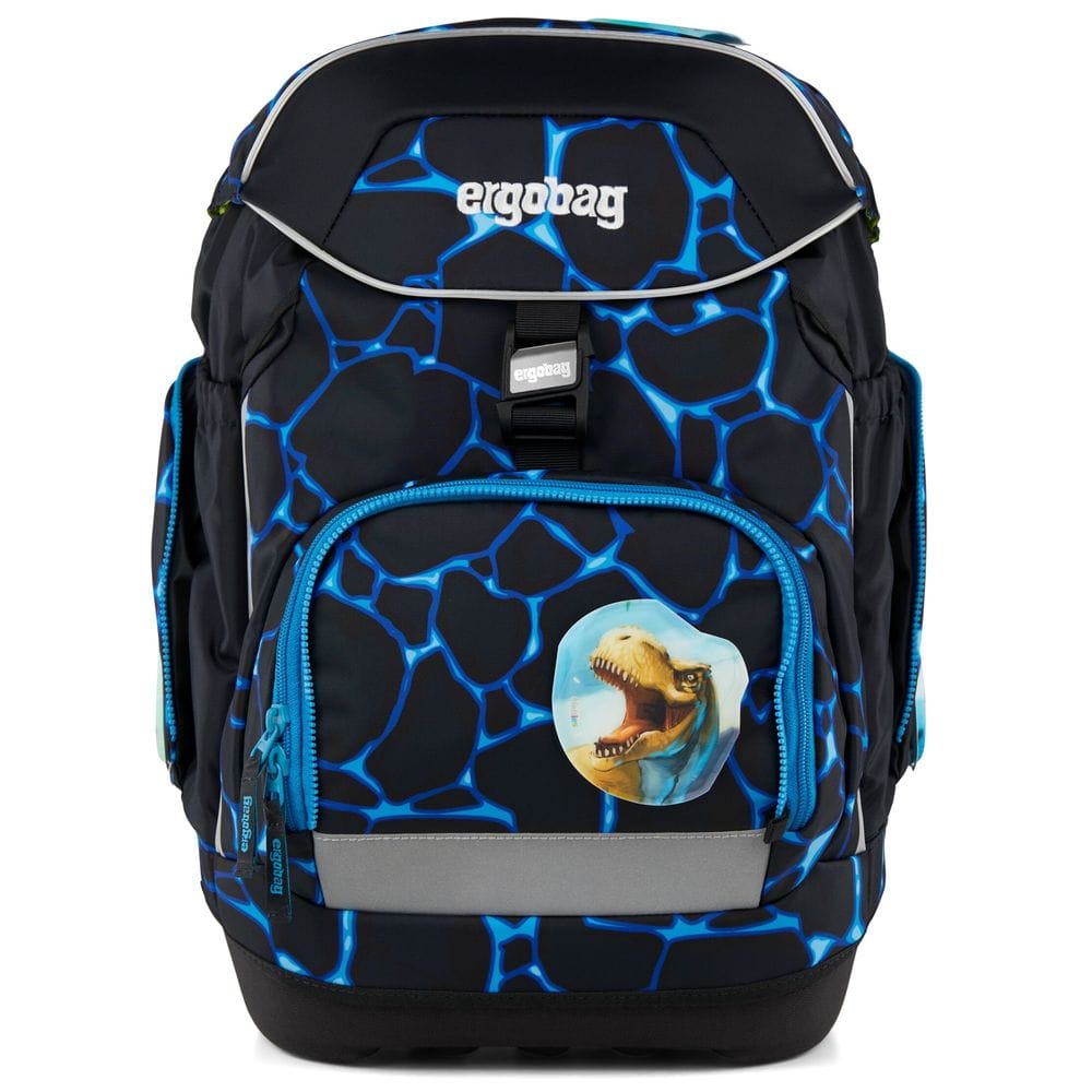 Ergobag school backpack with a blue webbed pattern, front zip pocket, and a dinosaur sticker on the front panel.