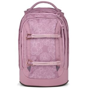 Pink backpack with a floral pattern, multiple zip compartments, and a top handle.