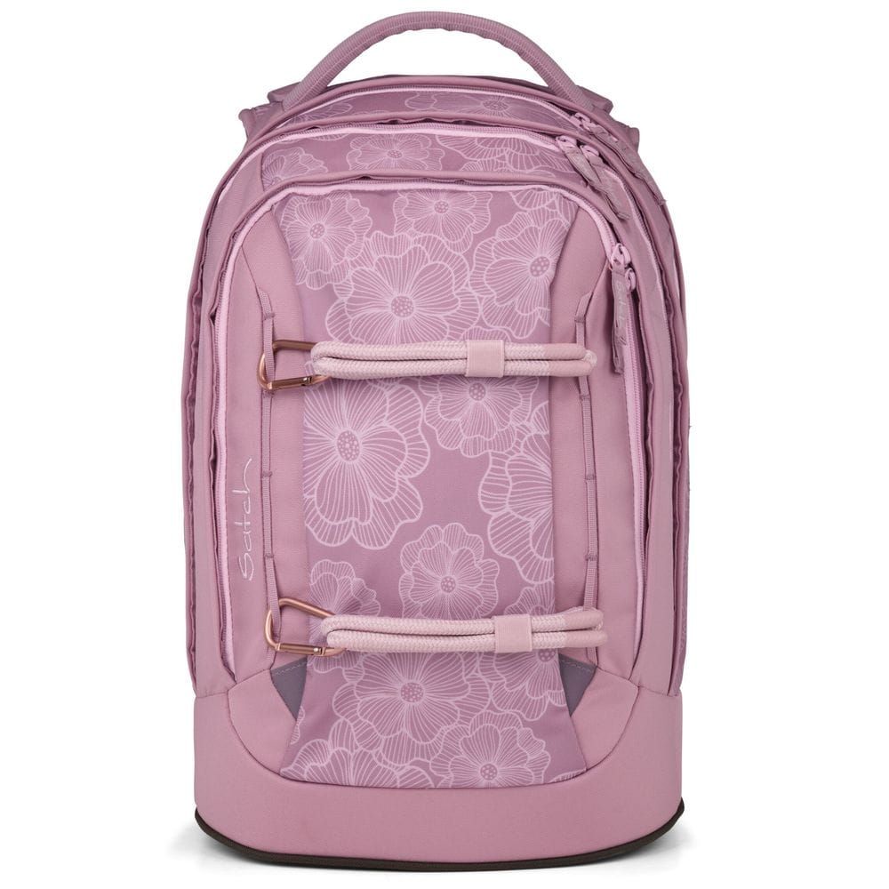 Pink backpack with a floral pattern, multiple zip compartments, and a top handle.
