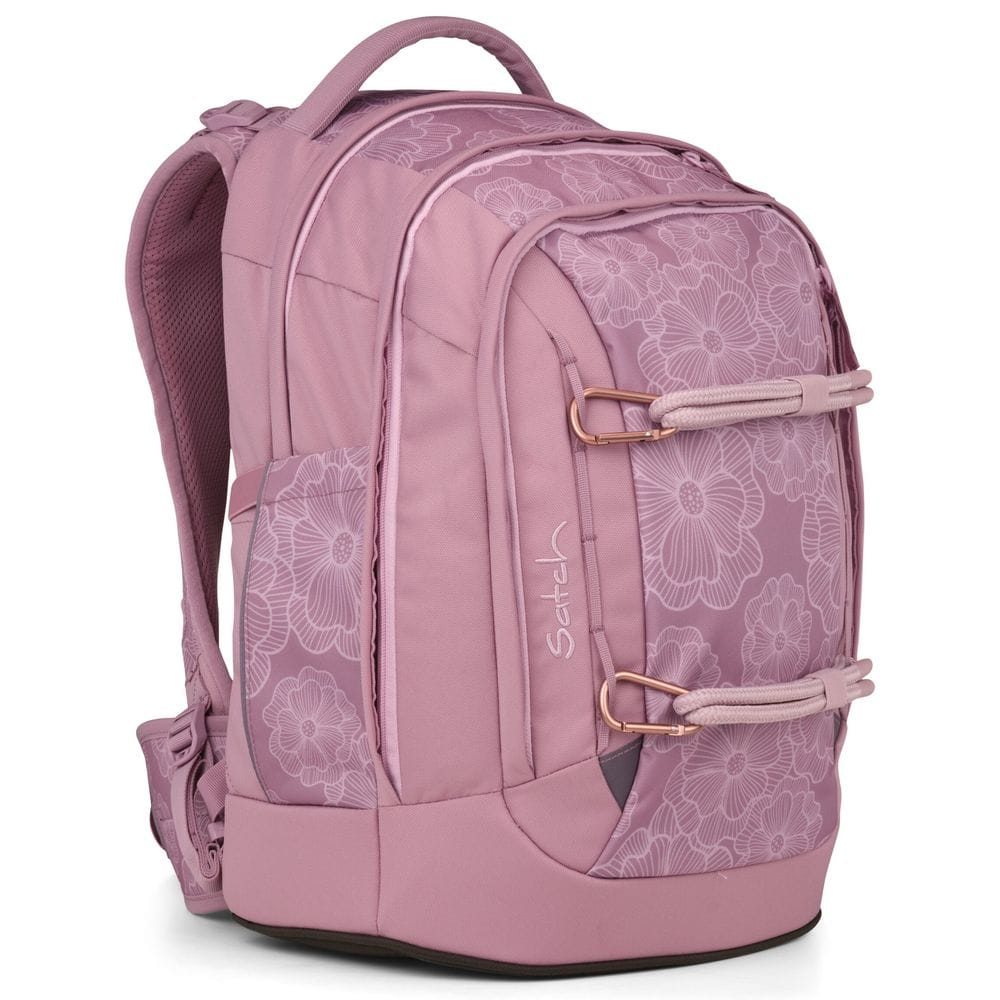 Pink floral-pattern backpack with multiple compartments and a top handle, shown from a side angle
