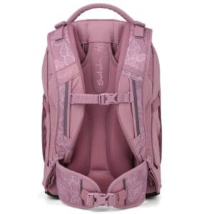 Back view of a pink Satch school backpack with padded shoulder straps and a chest strap.