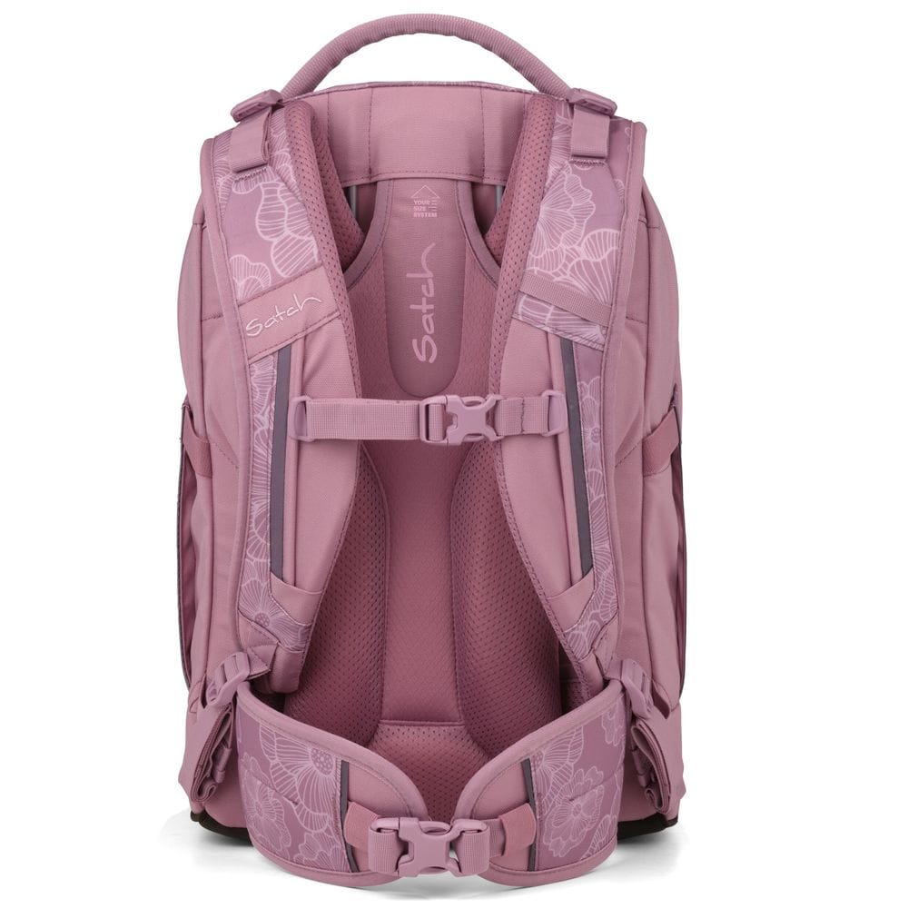 Back view of a pink Satch school backpack with padded shoulder straps and a chest strap.