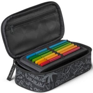Open zippered pencil case with a row of colorful markers tucked into interior elastic holders, graffiti-patterned exterior theme.