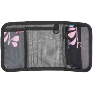 Wallet opened flat showing multiple card slots and a zippered pocket on the right, floral-patterned exterior edges.