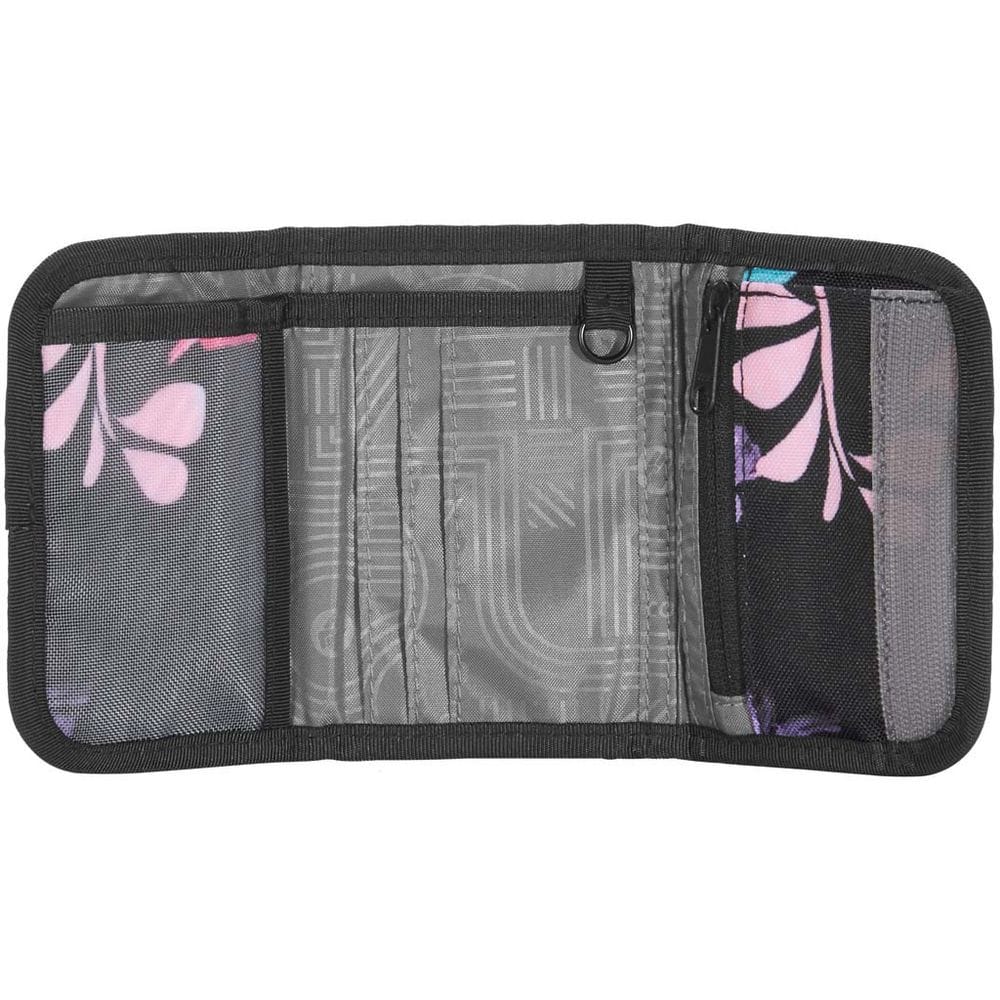 Wallet opened flat showing multiple card slots and a zippered pocket on the right, floral-patterned exterior edges.