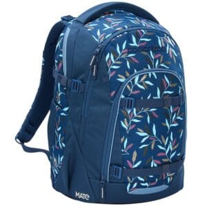 Blue floral-pattern backpack with multiple zip pockets, side straps, and padded shoulder straps for kids or travel use.