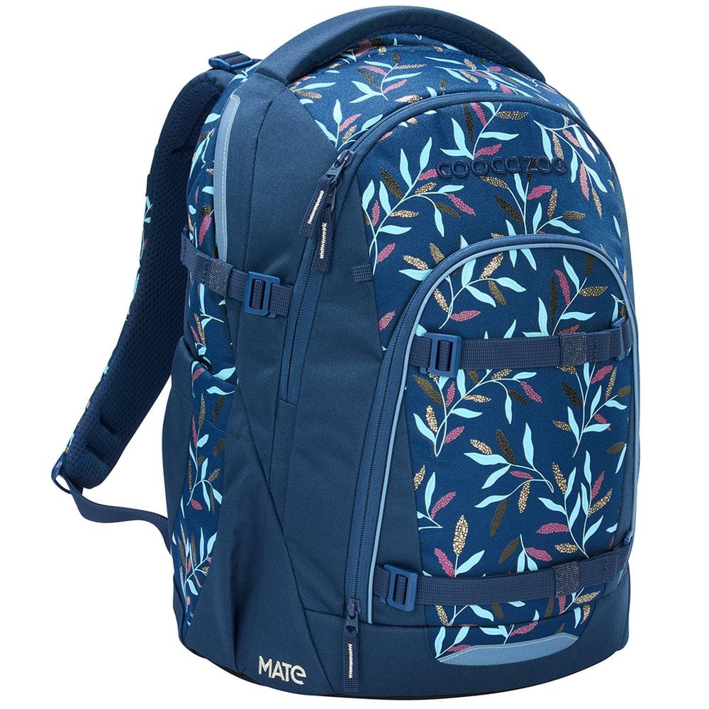 Blue floral-pattern backpack with multiple zip pockets, side straps, and padded shoulder straps for kids or travel use.