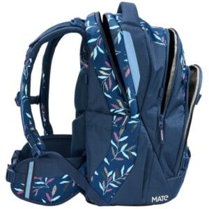 Blue floral-pattern backpack with padded straps and multiple zippered compartments