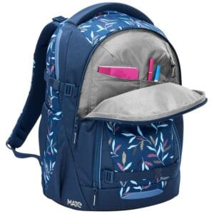 Blue floral backpack opened to reveal a gray interior with pink notebook and pens in the pockets (school/daypack)