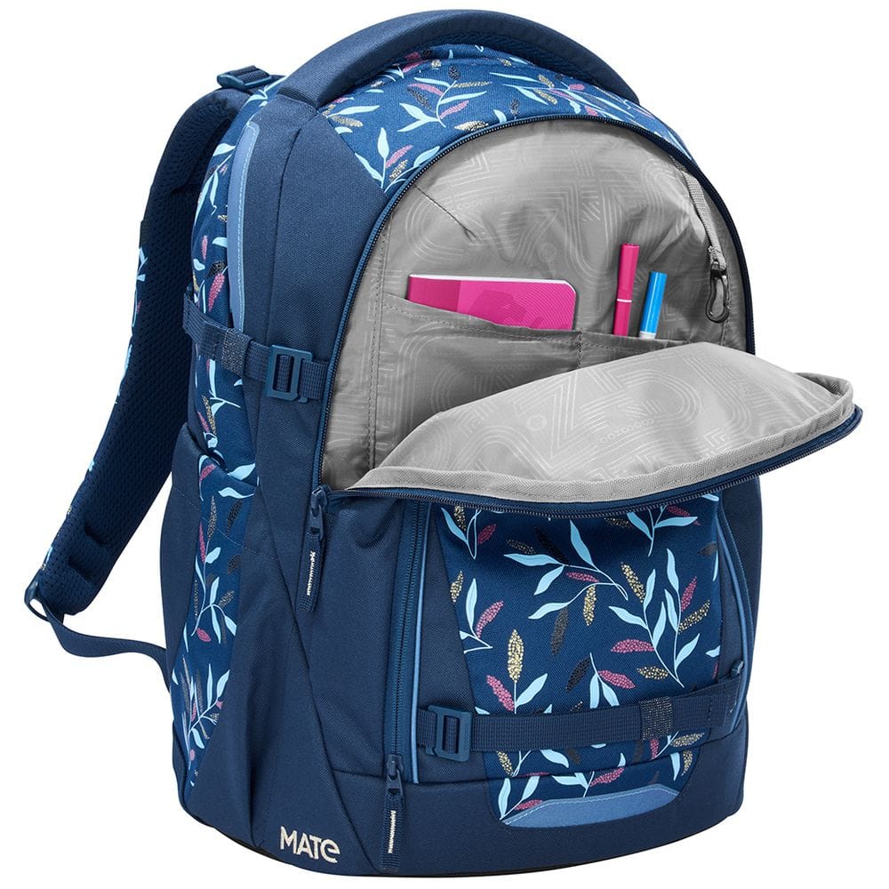 Blue floral backpack opened to reveal a gray interior with pink notebook and pens in the pockets (school/daypack)
