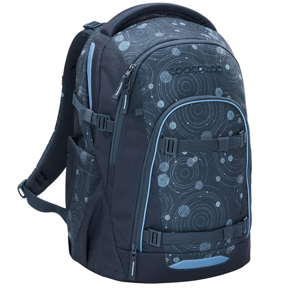 Dark blue backpack with circular pattern and light blue trim, featuring multiple zip compartments and padded shoulder straps.