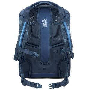 Back view of a navy blue Easy Grow backpack with a padded mesh back panel and multiple adjustable straps.