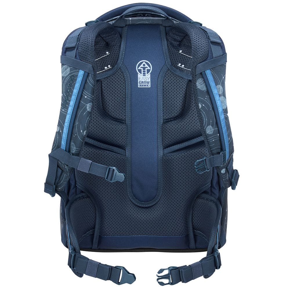 Back view of a navy blue Easy Grow backpack with a padded mesh back panel and multiple adjustable straps.