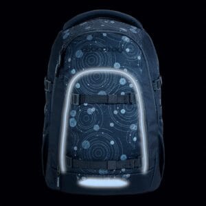 Blue backpack with glowing LED light strips along the front pocket and base on a dark background for visibility at night.