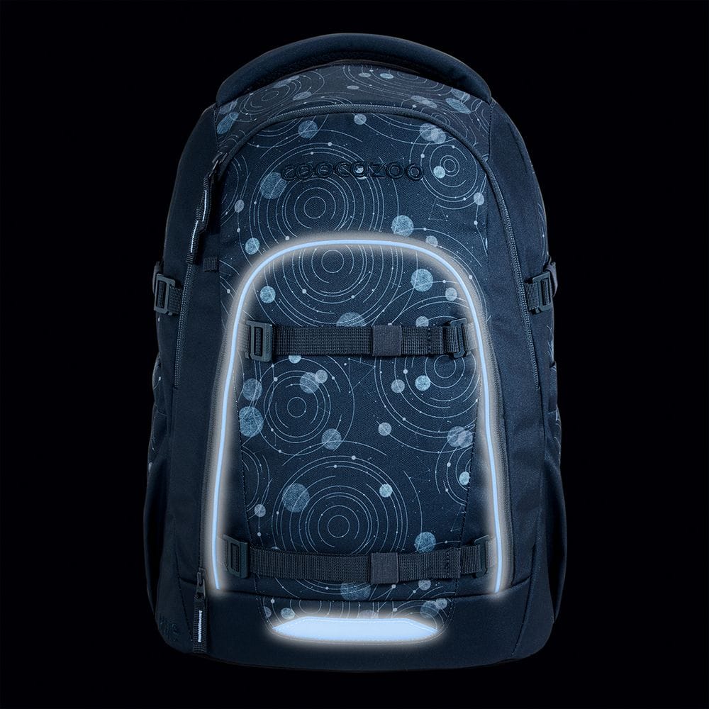 Blue backpack with glowing LED light strips along the front pocket and base on a dark background for visibility at night.
