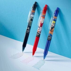 Three Naruto-themed pens (black, red, blue) drawing scribbles on a white sheet against a blue background.