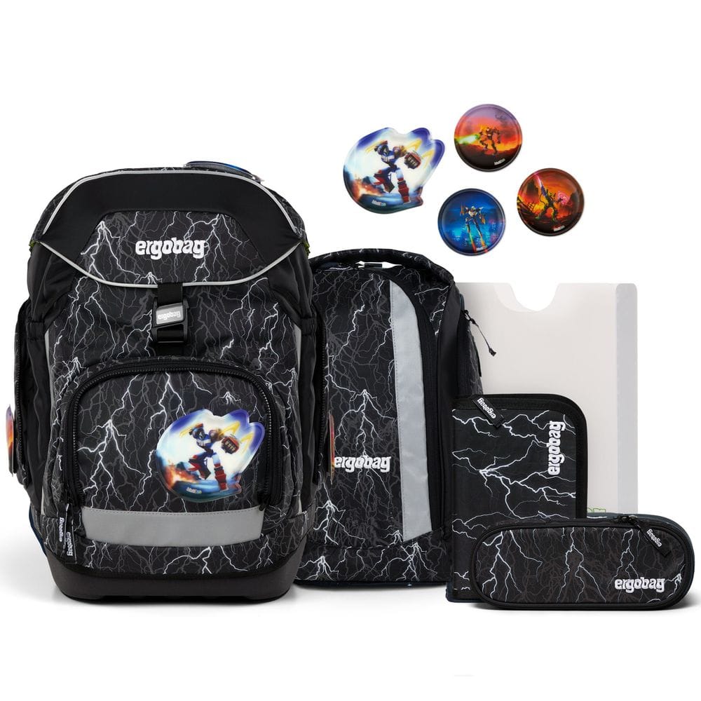 Black lightning-pattern backpack set with matching lunch bag, pencil case, folder, and circular stickers; branded ergobag from a youth collection.