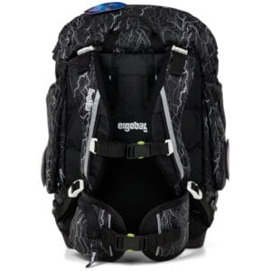 Back view of a black backpack with a white lightning print and Ergobag branding, showing padded straps and buckles