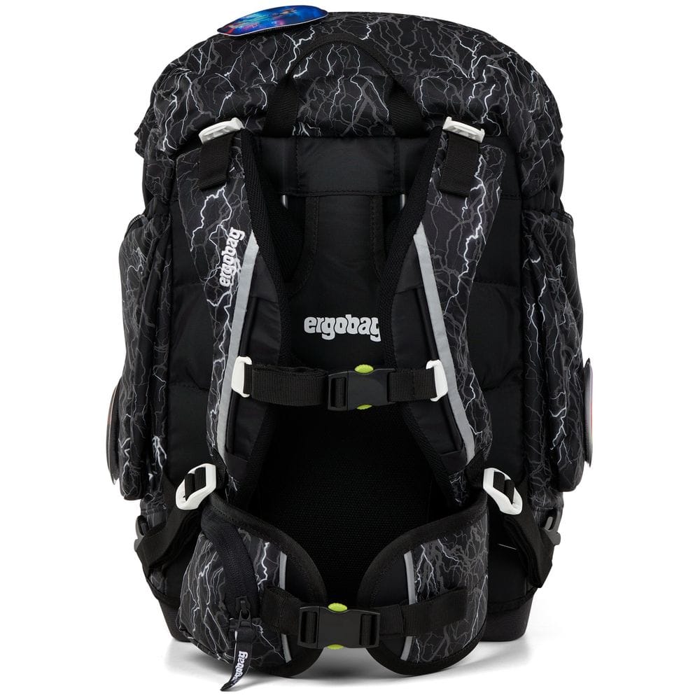 Back view of a black backpack with a white lightning print and Ergobag branding, showing padded straps and buckles