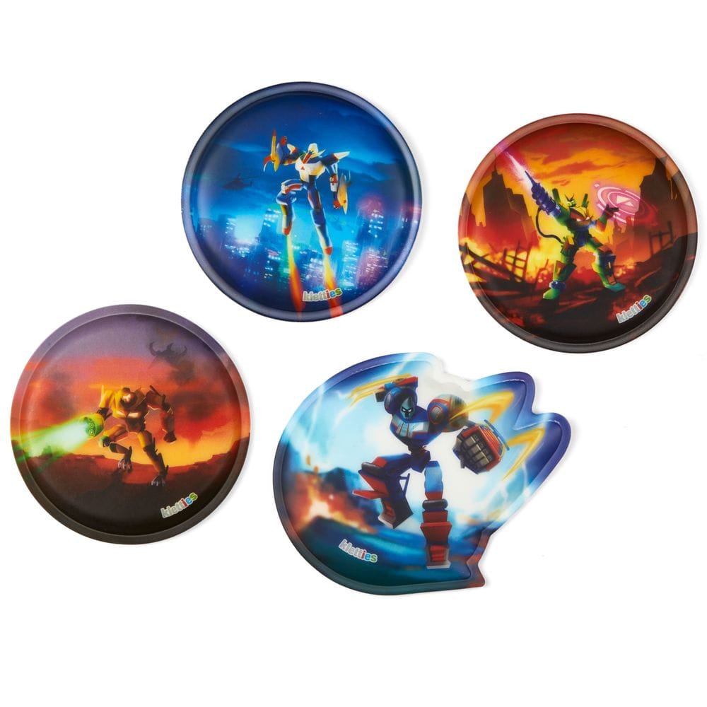 Set of four round plates and one irregular star-shaped plate with colorful robot action scenes for kids’ party use.