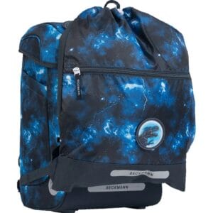 Blue galaxy-pattern backpack with drawstring top and front zip pocket for storage. (Informative)