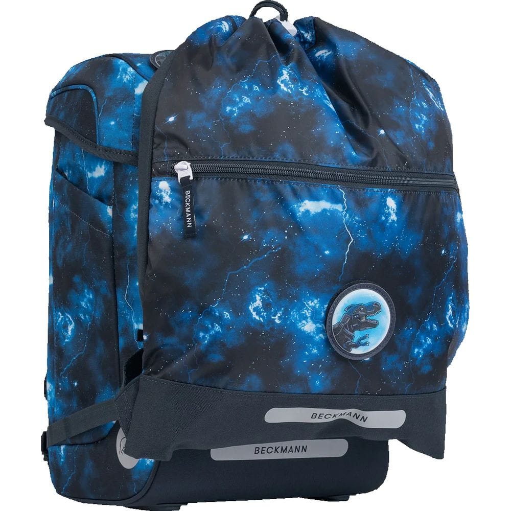 Blue galaxy-pattern backpack with drawstring top and front zip pocket for storage. (Informative)