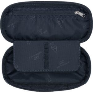 Navy zippered travel pouch opened to reveal an inner zip pocket and a fabric elastic strap for organizing small items.