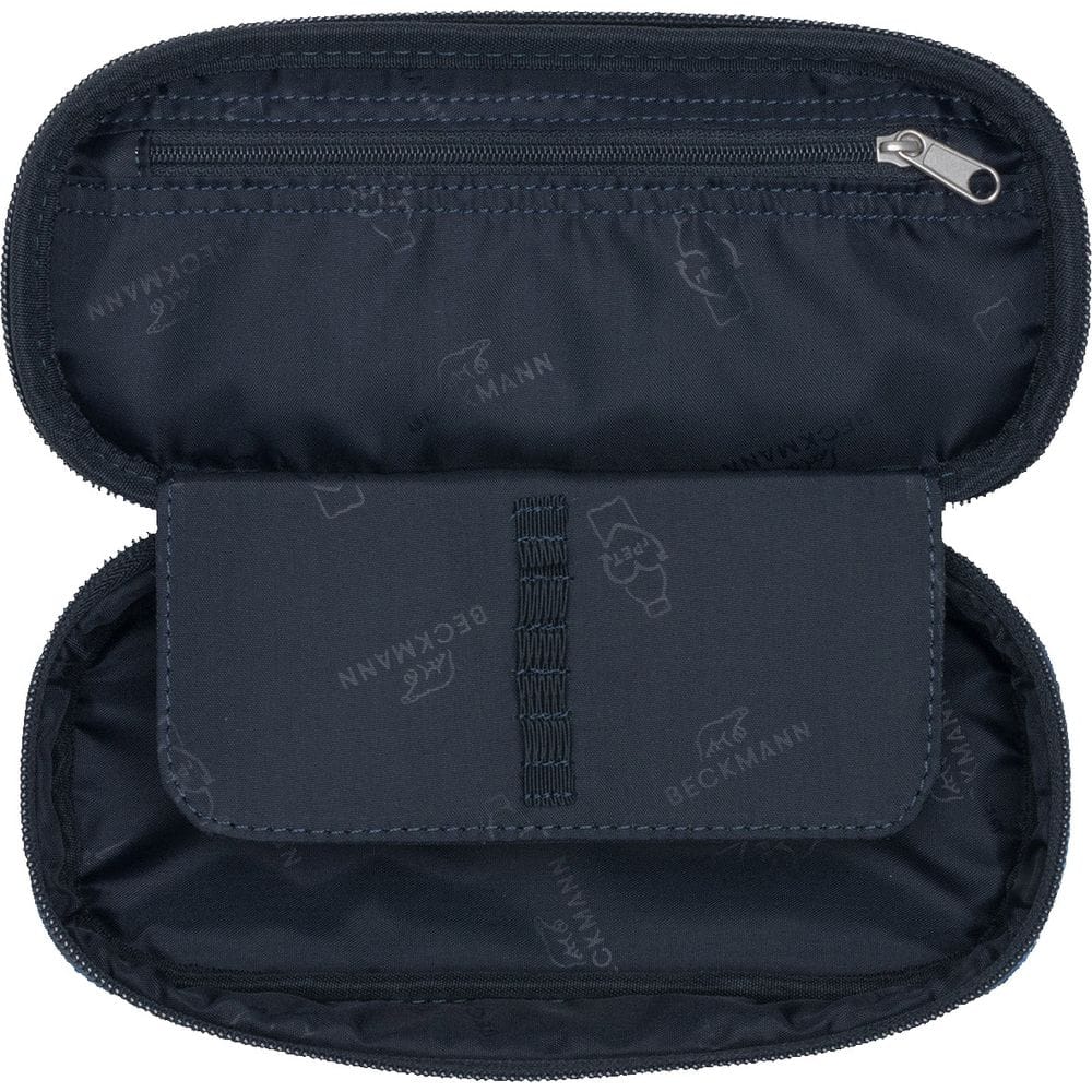 Navy zippered travel pouch opened to reveal an inner zip pocket and a fabric elastic strap for organizing small items.