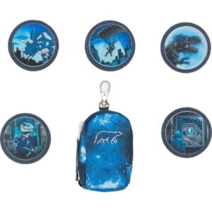 Blue mini backpack with a white dinosaur logo, surrounded by six circular patches depicting blue-toned dinosaur and sci‑fi imagery
