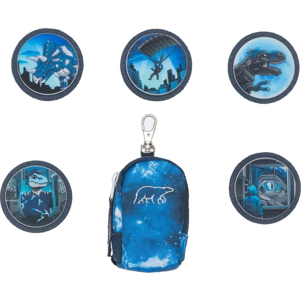 Blue mini backpack with a white dinosaur logo, surrounded by six circular patches depicting blue-toned dinosaur and sci‑fi imagery