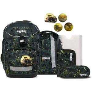 Backpack set with dark green and lime paint-splatter pattern, includes backpack, lunch bag, pencil case, and small patch featuring a tractor image.