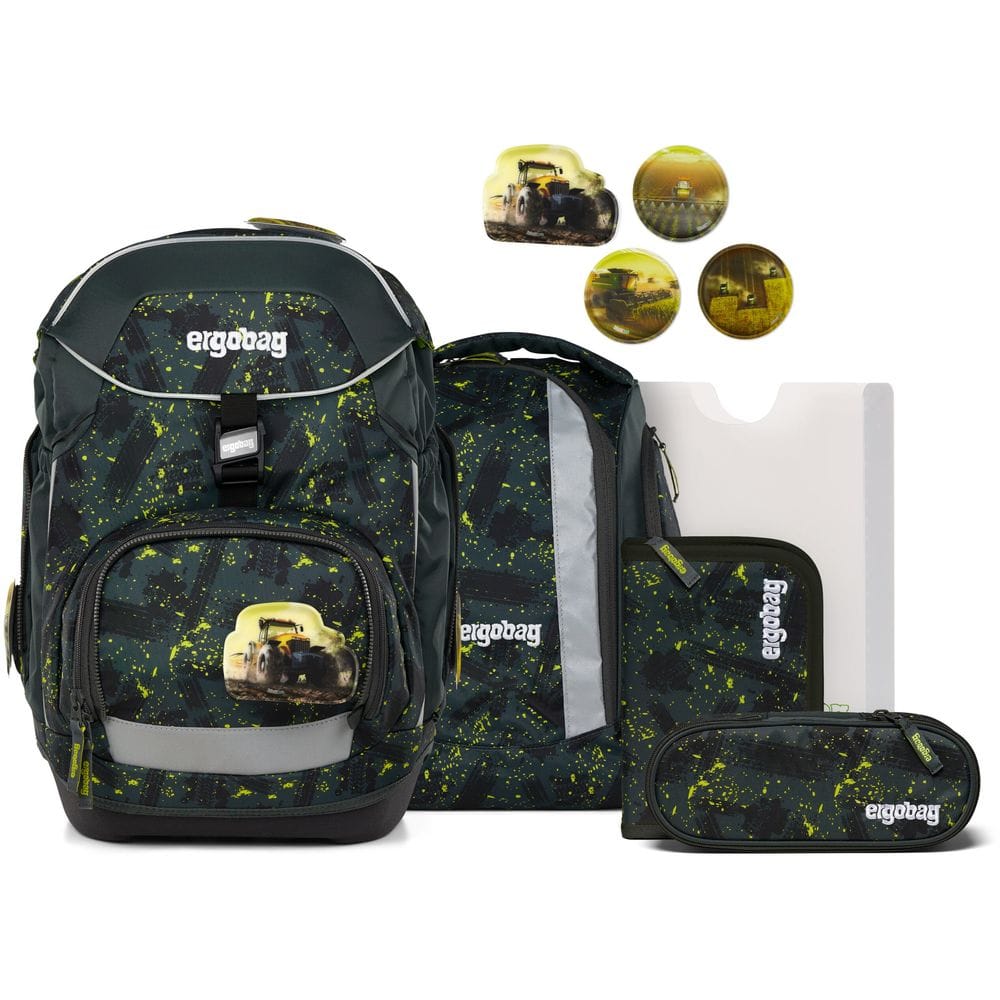 Backpack set with dark green and lime paint-splatter pattern, includes backpack, lunch bag, pencil case, and small patch featuring a tractor image.