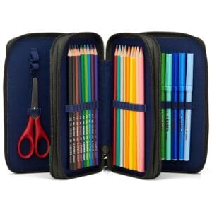 Blue zippered pencil case opened, showing colored pencils, markers, and a pair of red scissors inside pockets.