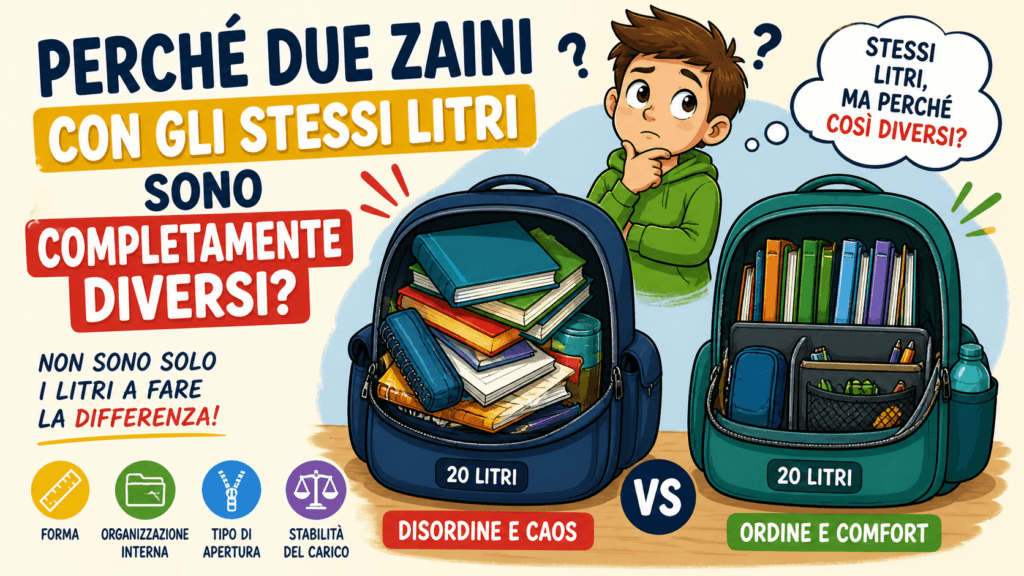 Zaini da 20 litri: a sinistra disordine con libri, a destra zaino ordinato con materiali scolastici.